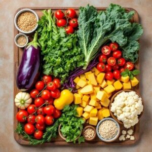 Colorful vegetables and leafy greens arranged on a wooden cutting board